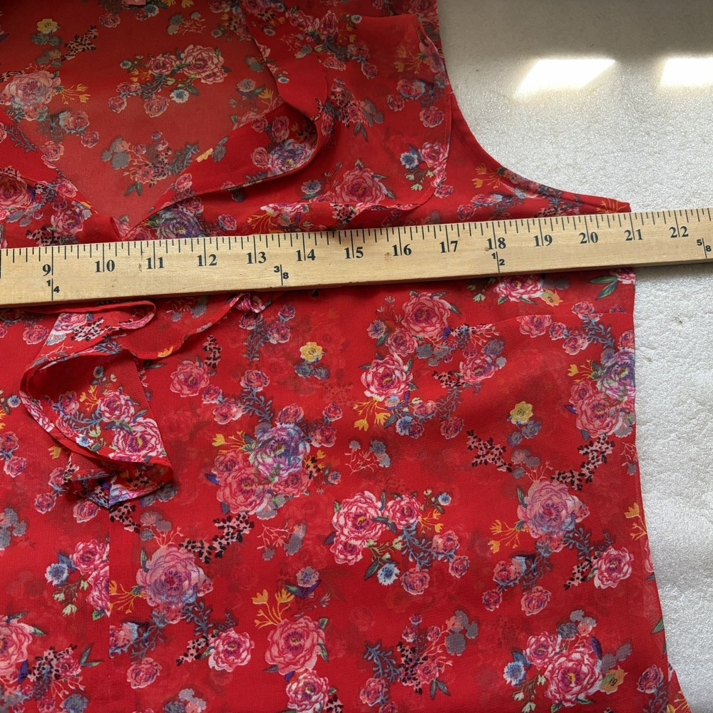 CABI Crush Floral Chiffon Shirt Women M Red Sheer Ruffle V Neck Sleeveless Top - Picture 7 of 11